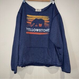 blue gray Yellowstone National Park buffalo graphic pocket sweatshirt top XXL